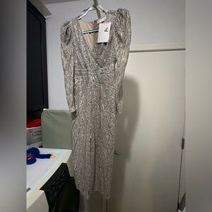 Mac Duggal Silver Sequin Evening Gown